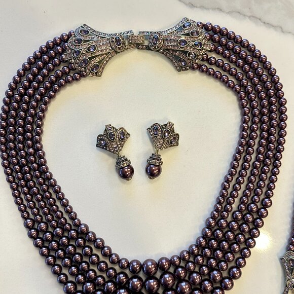 Rare Heidi Daus Age of Elegance Aubergine Pearls 5-string Jewelry Set - Picture 4 of 14